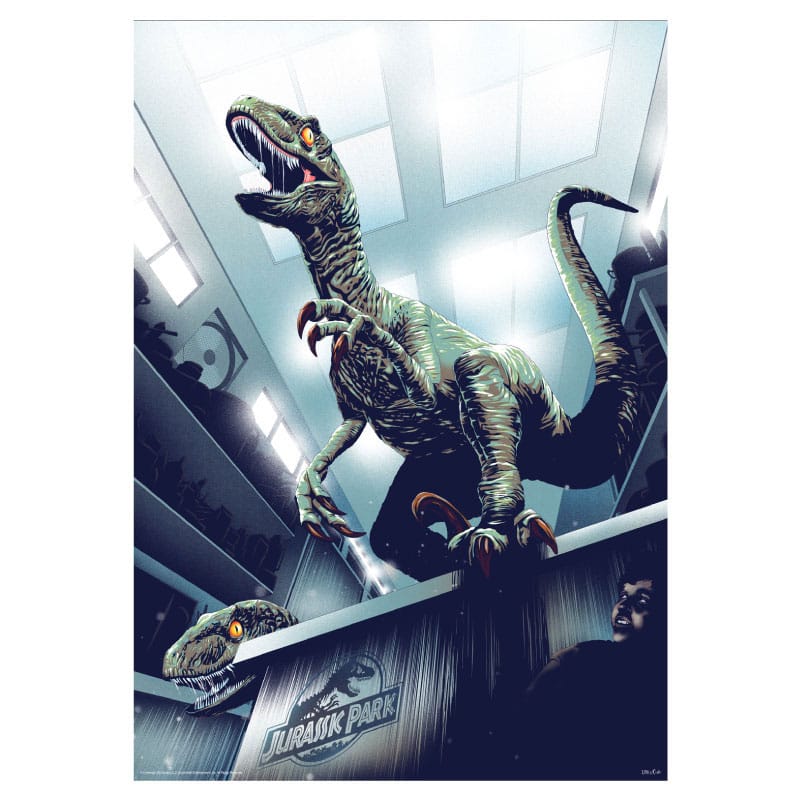 SU ORDINAZIONE Jurassic Park Art Print 30th Anniversary Edition Hiding in Kitchen Limited Edition 42 x 30 cm