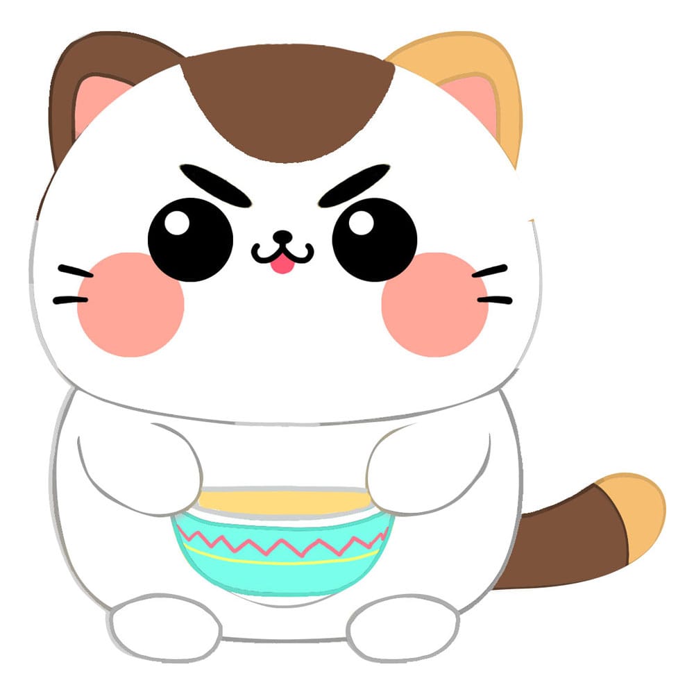 Auf Bestellung gefertigte lustige Katzenplüschfigur Katze mit Suppe 25 cm