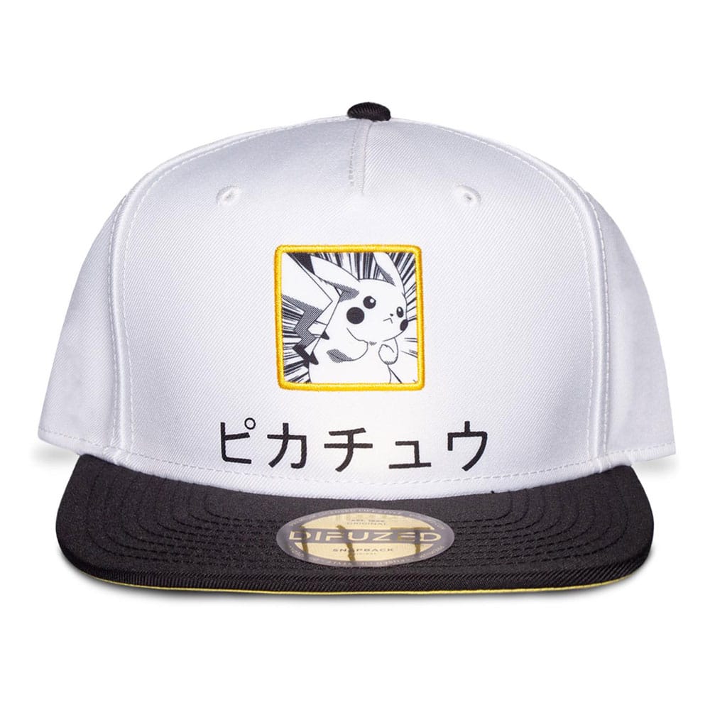 Pokémon Snapback-Cap auf Bestellung gefertigt, Pikachu, Schwarz, Weiß, Gelb