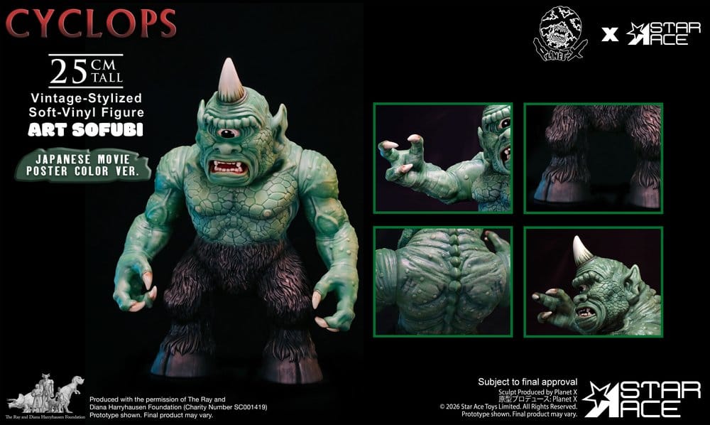 🧪 LAB | PREORDINE+ 06/2027 Ray Harryhausen (Art Sofubi) Soft-Vinyl Figure Cyclops Vintage-Stylized Japanese Movie Poster Color Ver. 25 cm