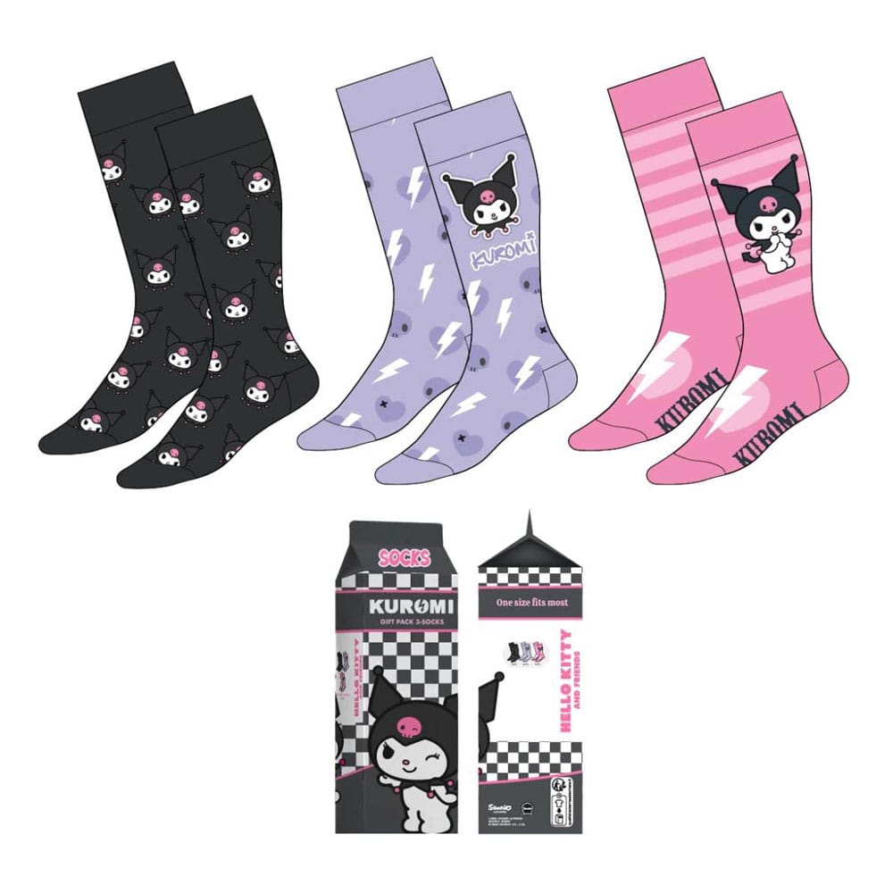 Sanrio Socken, 3er-Pack, Kuromi, Größen 36-43, auf Bestellung gefertigt