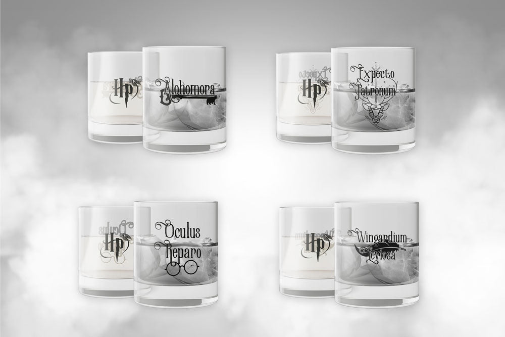 Harry Potter Kristallgläser, 4er-Pack, Zaubersprüche (auf Bestellung gefertigt) – AUSVERKAUFT
