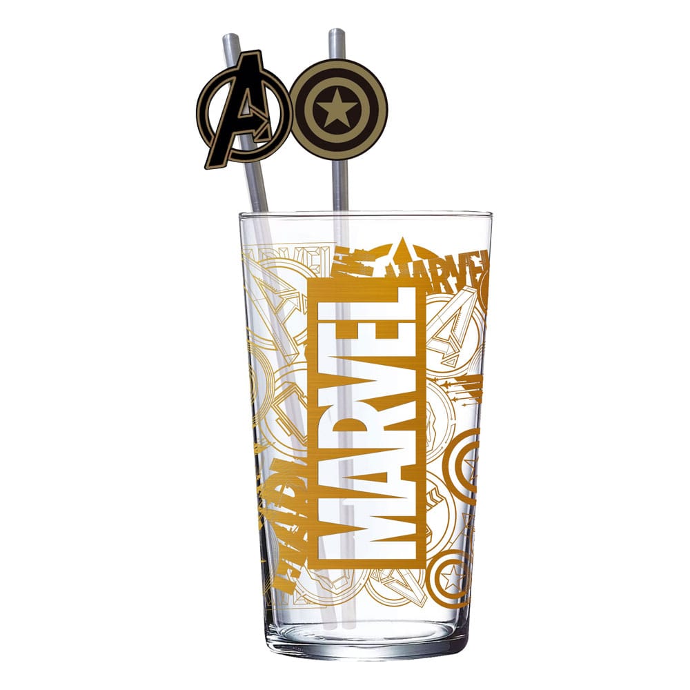 MADE TO ORDER Marvel Glass Tumbler with Straws Logo &amp; Avengers 485 ml